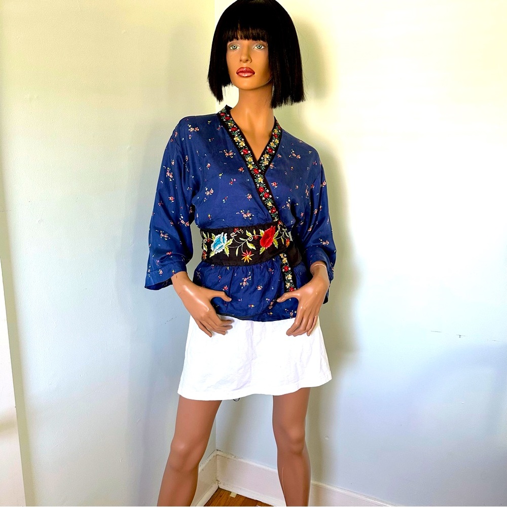 Johnny Was Silk Embroidered Wrap Top